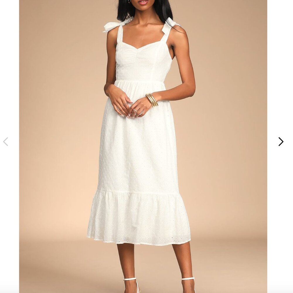 White Eyelet Tie-Strap Tiered Midi Dress